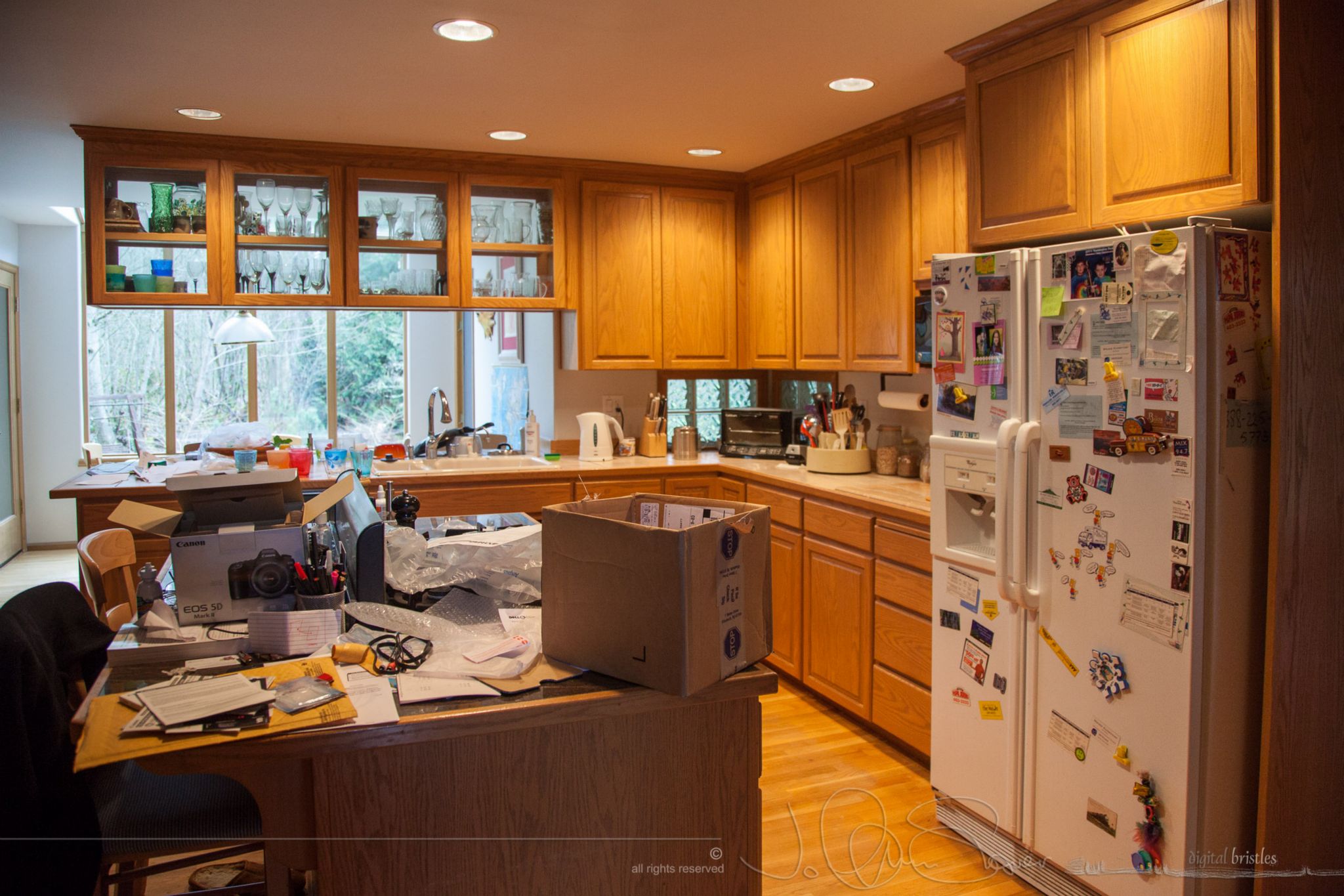 Upper cabinets made for a dark work/prep space. Note all the non-cooking "stuff" on the island