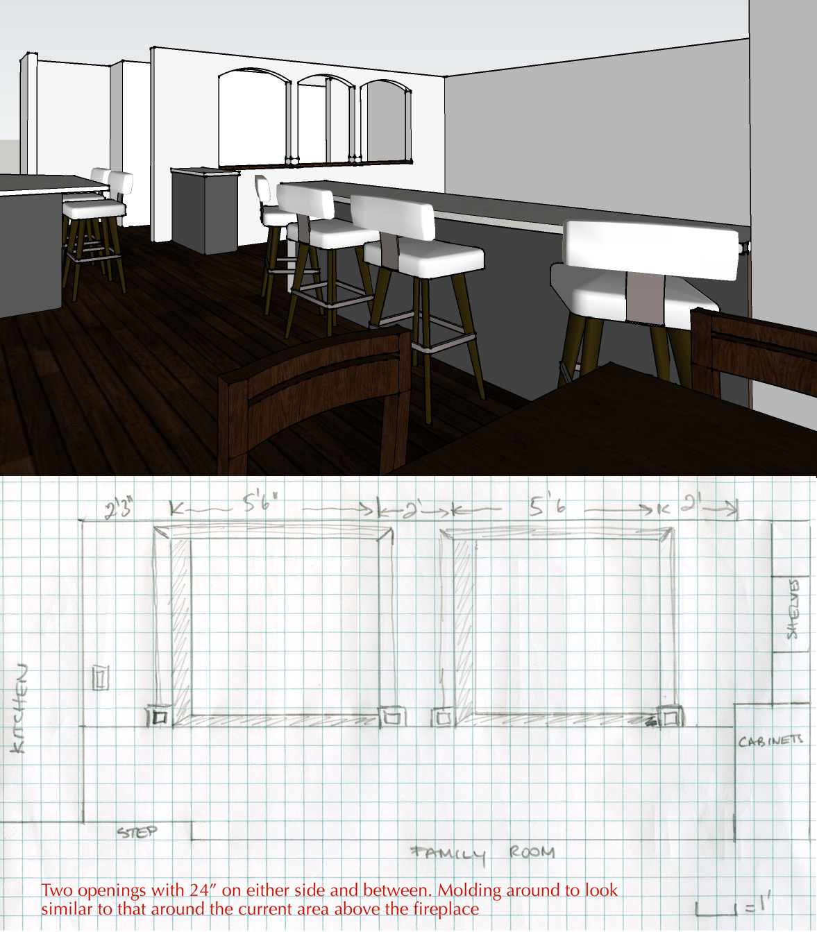 The deisgner's rendering had skinny columns. My two-column plan had heating duct in opening