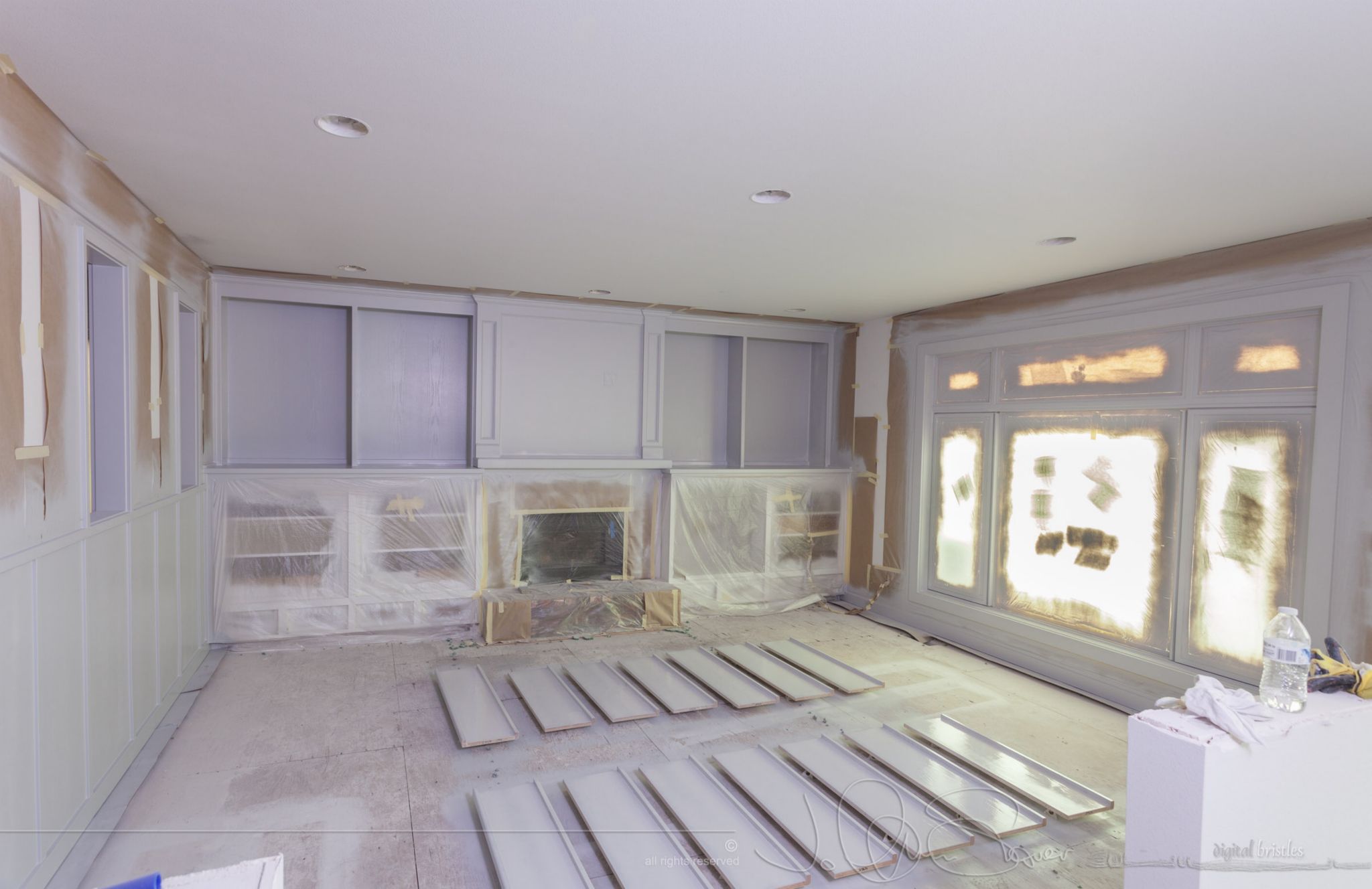 Paneling, baseboard, window and shelves get their first coat. June 23rd